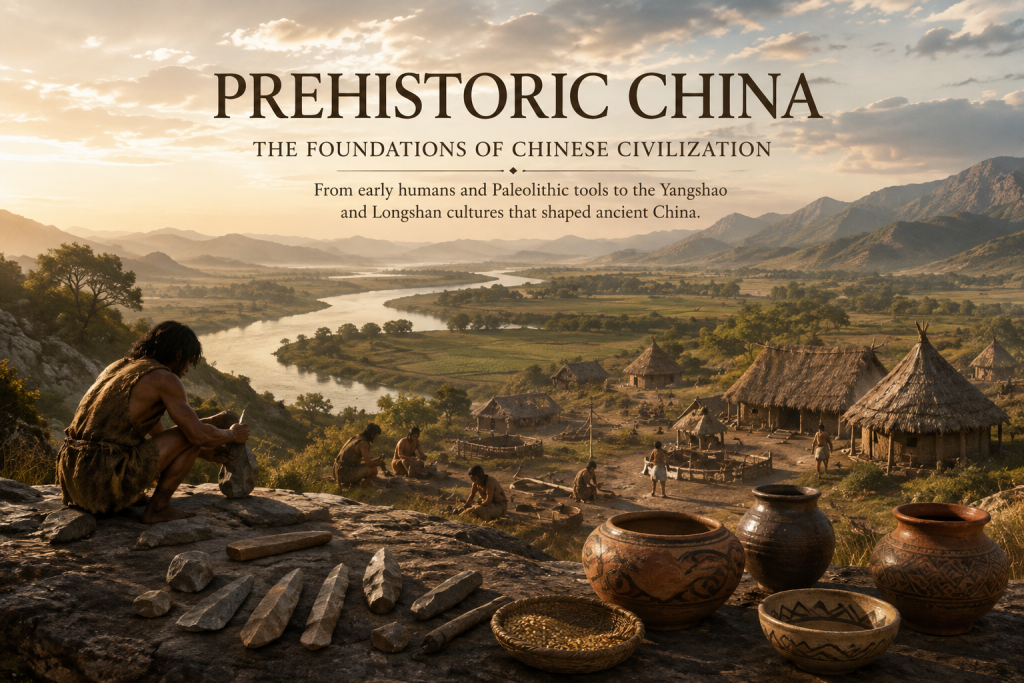 Prehistoric China with early humans, stone tools, pottery, and an ancient settlement
