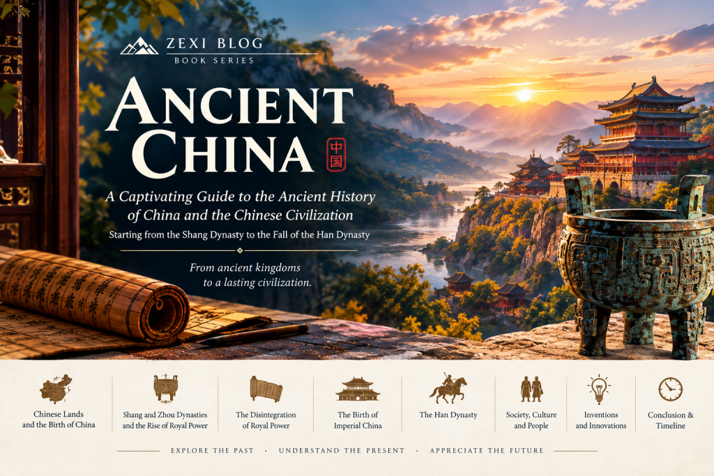 Ancient China book series featuring traditional Chinese palaces, bronze vessels, ancient scrolls, and a misty mountain landscape at sunset.