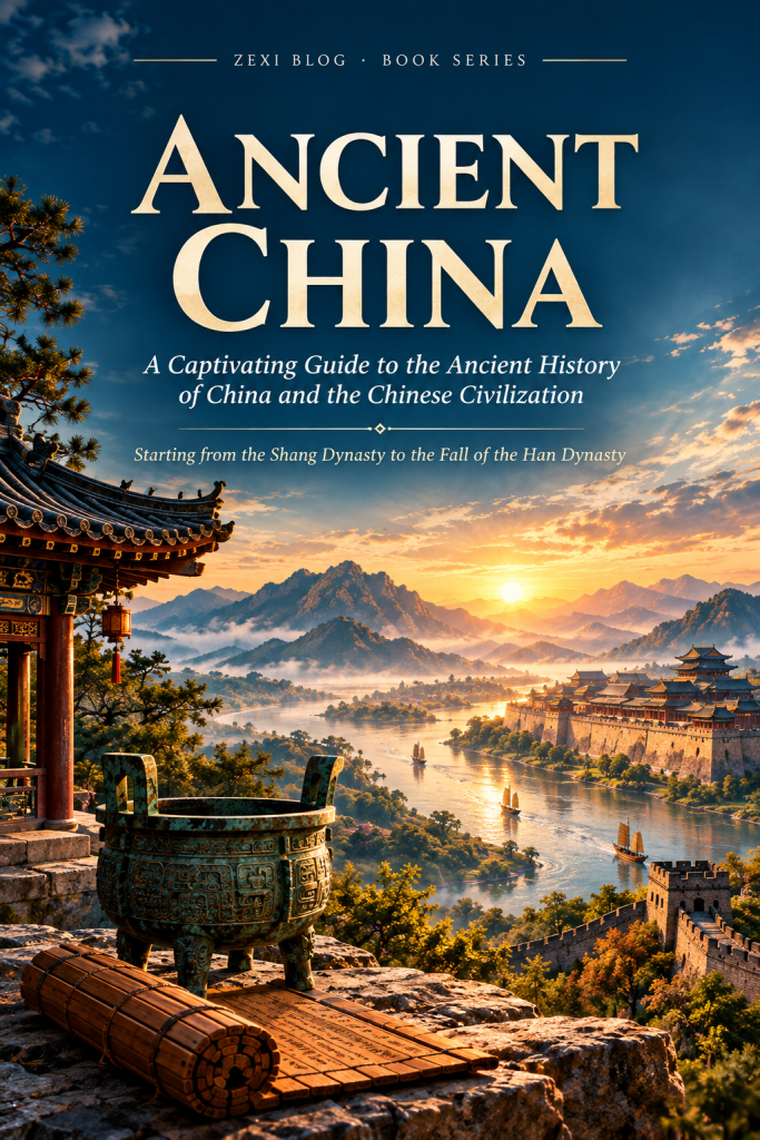 Ancient China book cover featuring a traditional Chinese palace, bronze ritual vessel, bamboo scrolls, the Great Wall, and a golden sunrise over misty mountains and a winding river.