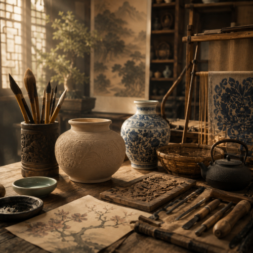 Chinese art and traditional crafts featuring ceramics, calligraphy, and craftsmanship