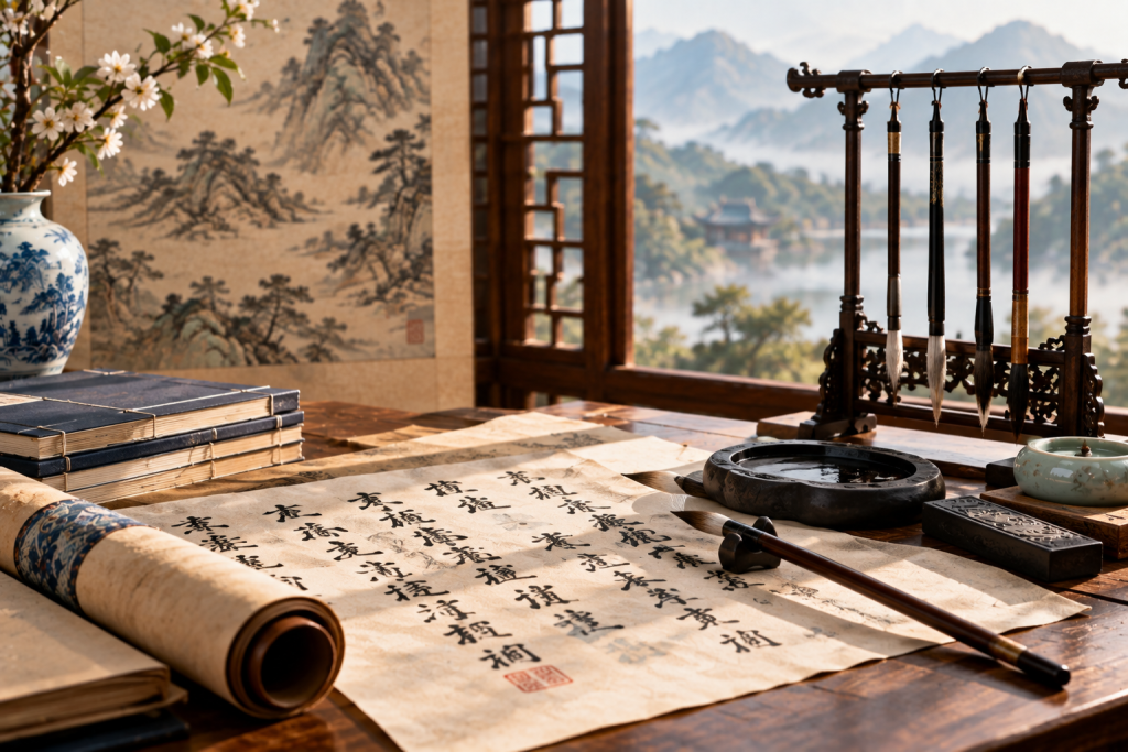 Traditional Chinese calligraphy with brushes, ink, and landscape painting