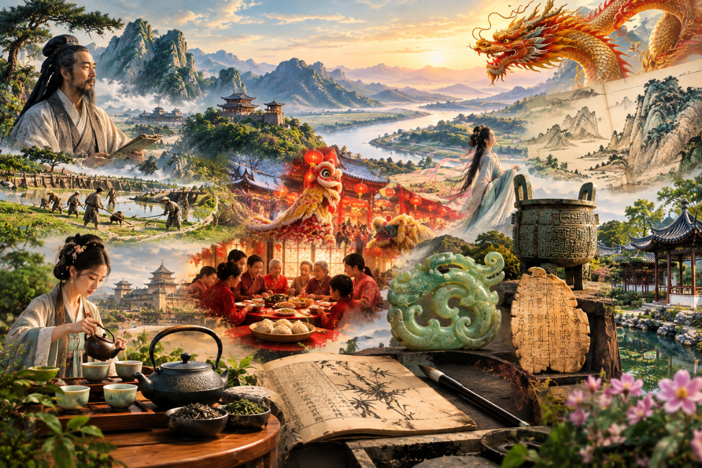 Chinese culture with traditional tea, calligraphy, festivals, family, and cultural symbols