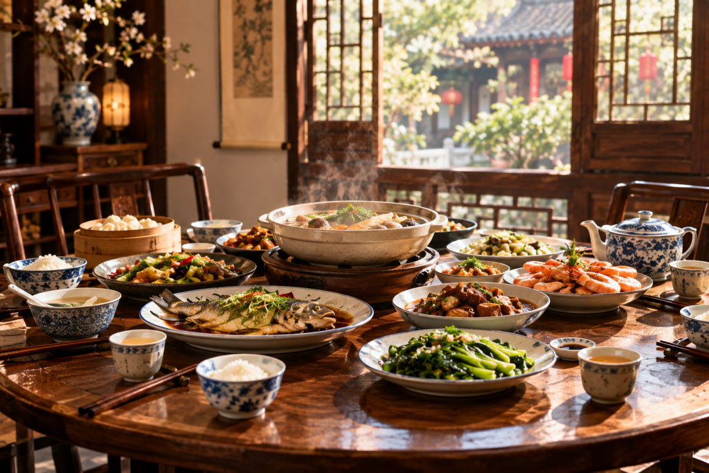 Chinese dining culture with traditional dishes and a family-style dining table