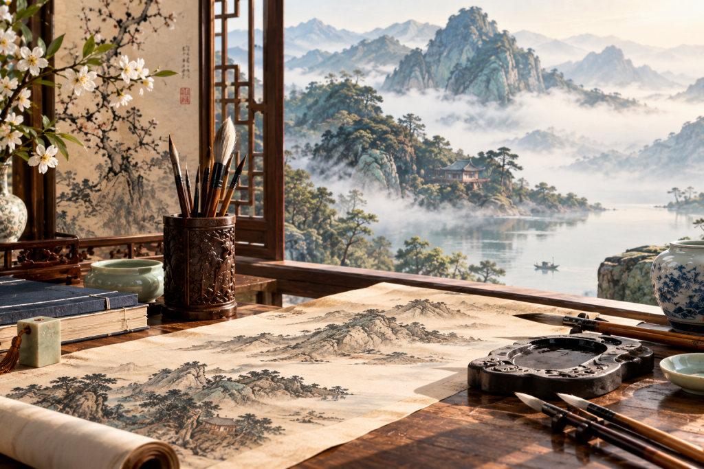 Traditional Chinese painting with ink brushes and a mountain landscape
