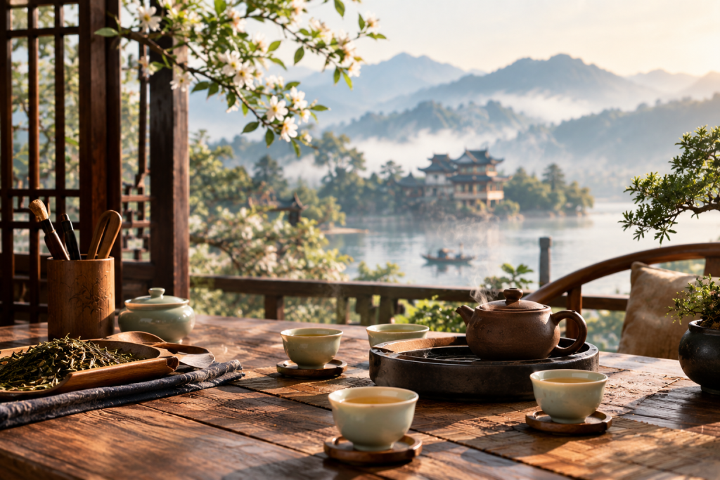 Chinese tea culture with a traditional teapot and tea set overlooking mountains