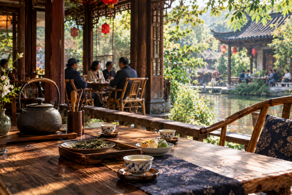Chinese tea house with traditional tea, teaware, and a peaceful courtyard