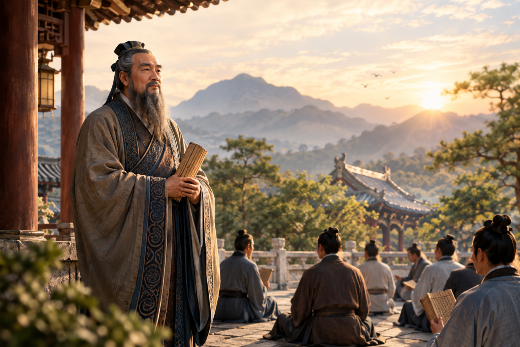 Confucius teaching students in an ancient Chinese courtyard