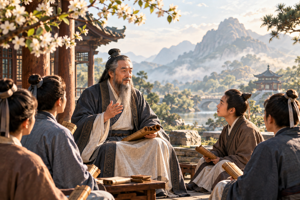 Confucius teaching students in ancient China