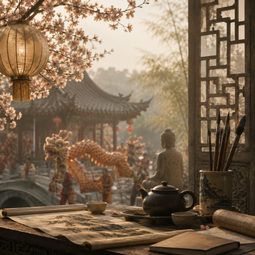 Chinese culture featuring traditional customs, festivals, philosophy, and everyday life