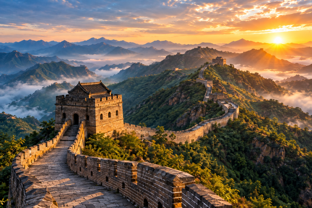 The Great Wall of China winding through mountains at sunset