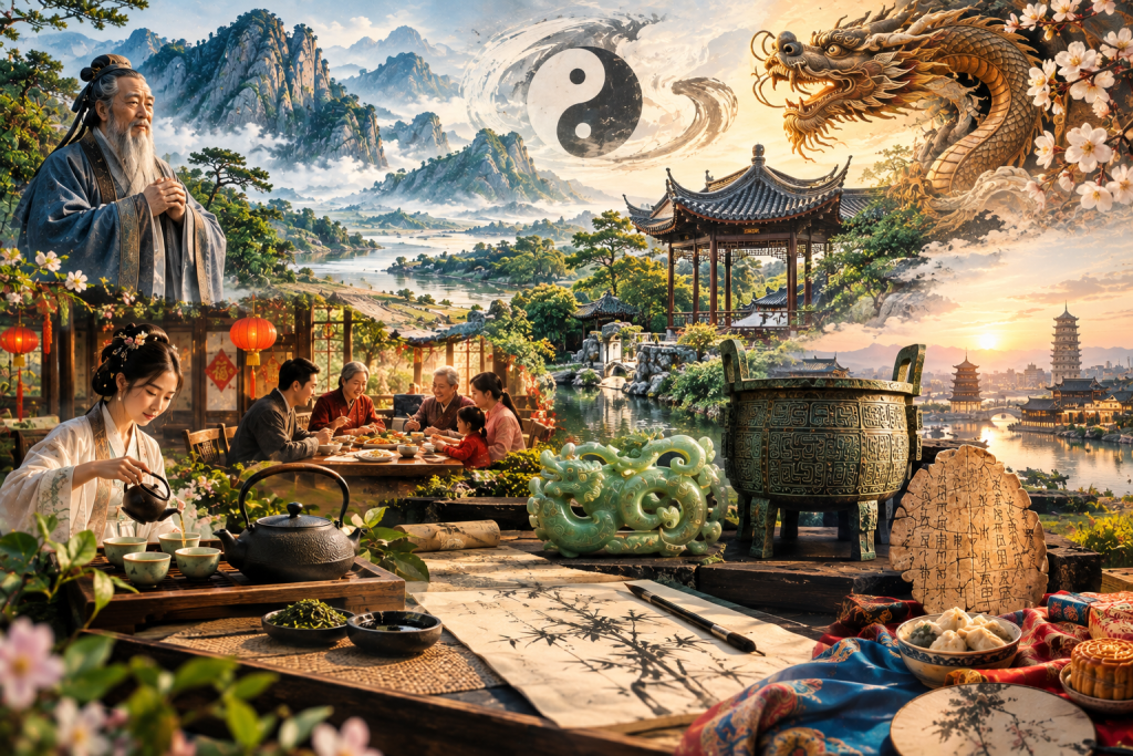 Harmony in Chinese culture with tea, family, nature, art, and traditional symbols