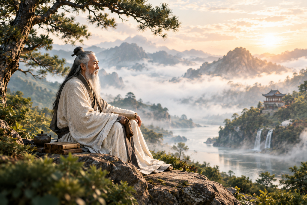Laozi contemplating nature in an ancient Chinese mountain landscape