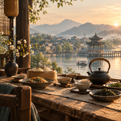 Chinese lifestyle featuring tea, food, traditional customs, and everyday life