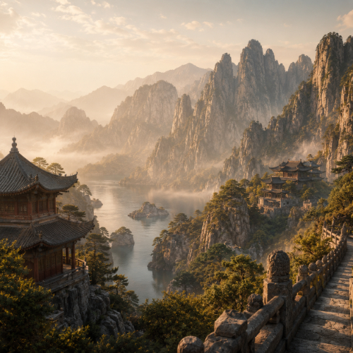 Famous places in China including mountains, ancient cities, monuments, and historic sites
