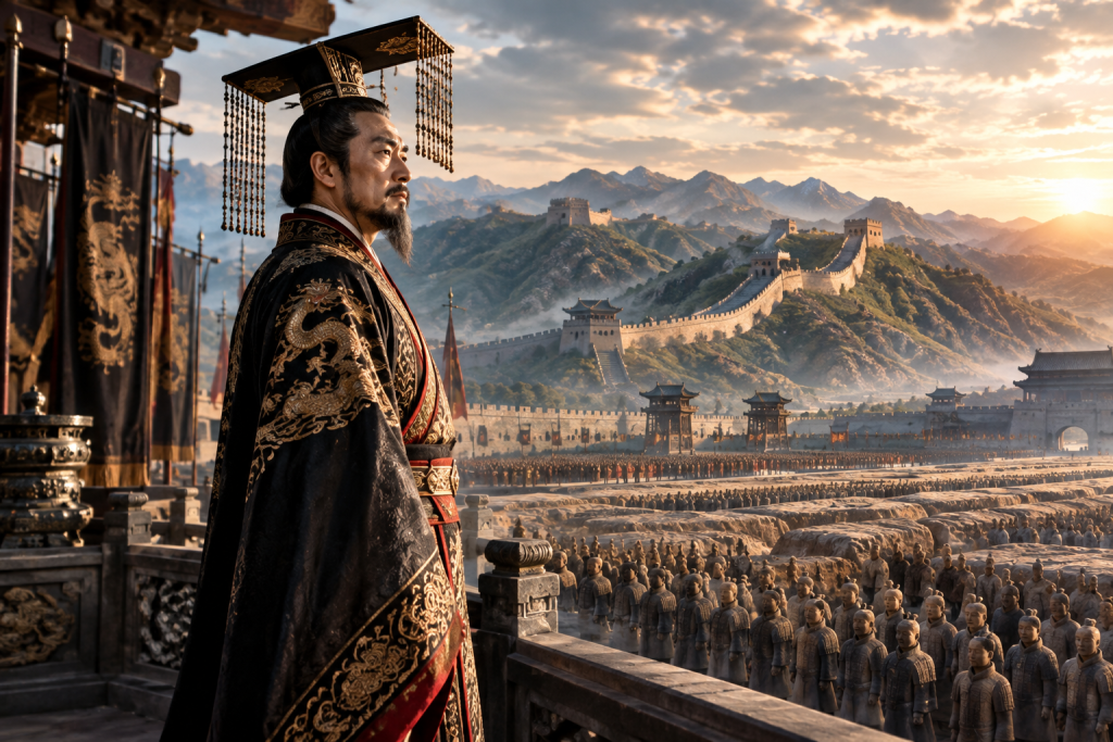 Qin Shi Huang overlooking the Terracotta Army and the Great Wall