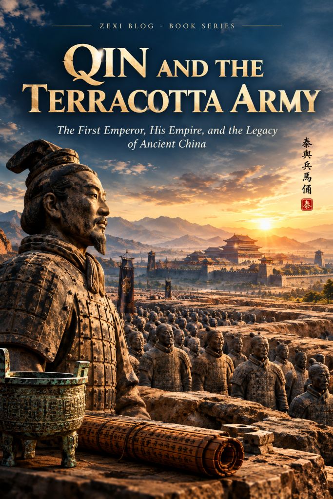 Qin and the Terracotta Army book cover featuring a terracotta warrior, rows of soldiers, ancient palace walls, a bronze ritual vessel, and a golden sunset over mountains.