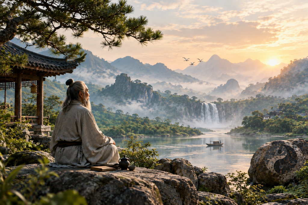 Taoist sage overlooking mountains and water in a traditional Chinese landscape