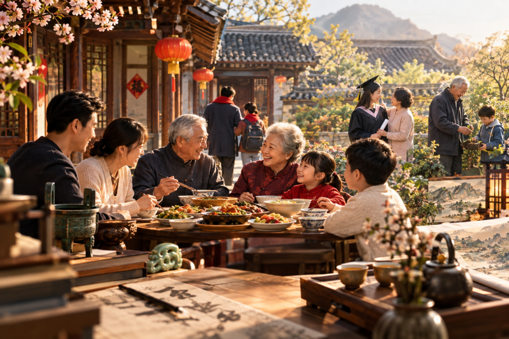Chinese family sharing a traditional meal in a Chinese courtyard