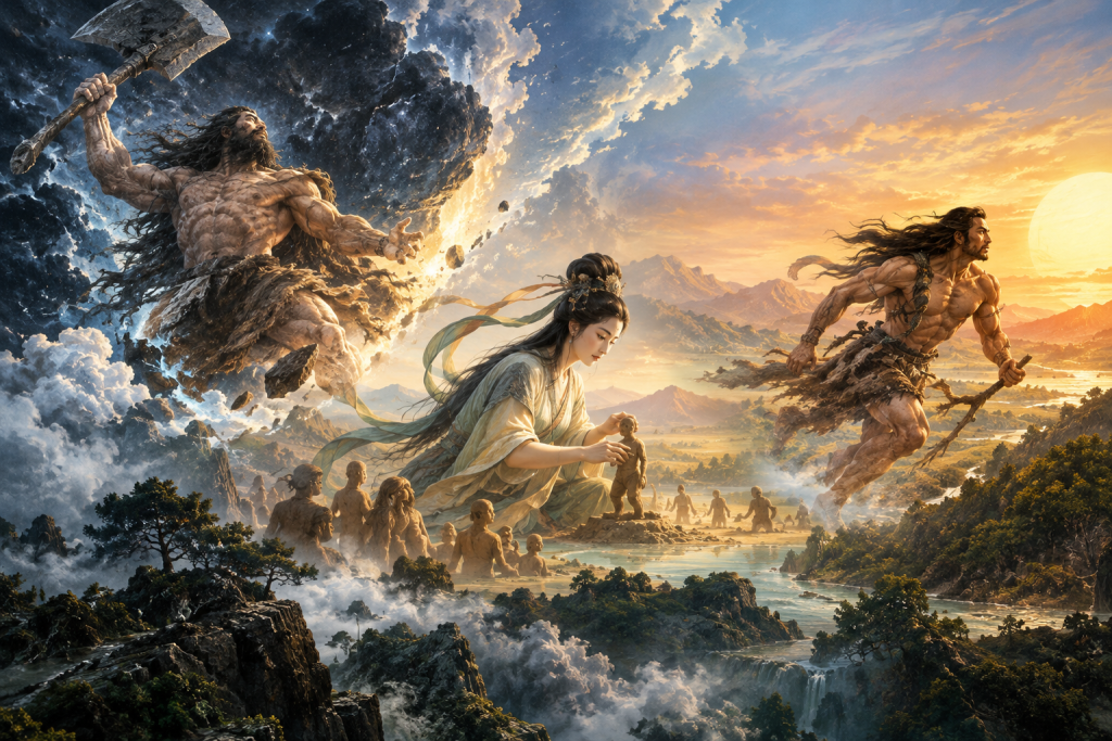 Pangu, Nuwa, and Kuafu in ancient Chinese creation myths